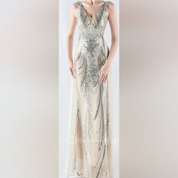 Silver, Double V, Beaded Back, Detachable Draped Skirt, Sequined Mermaid Gown - Picture 14 of 16